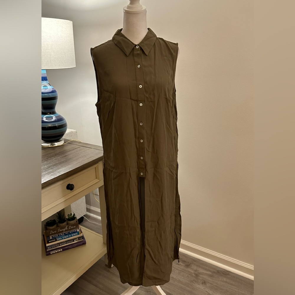 Monsoon Sleeveless Green Khaki Longline Shirt Dress - Size 10